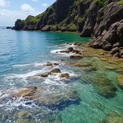 The primary subject of the image is a beautiful blue lagoon with a rocky shoreline. The setting is a serene, natural environment with a mix of water and rocks. The visual style is a photo, capturing the vibrant colors and the stunning landscape. The dominant colors are blue and green, creating a calming and soothing atmosphere.